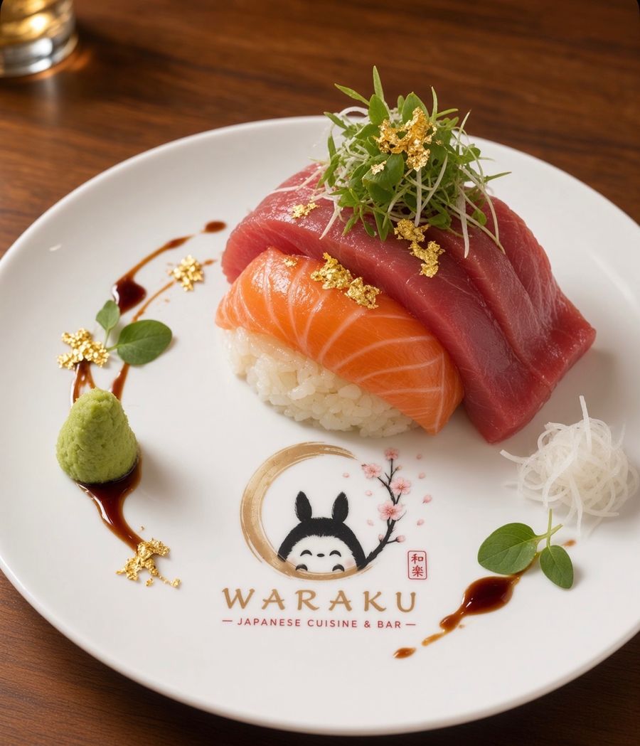 Tuna and salmon nigiri on a Waraku plate with gold leaf