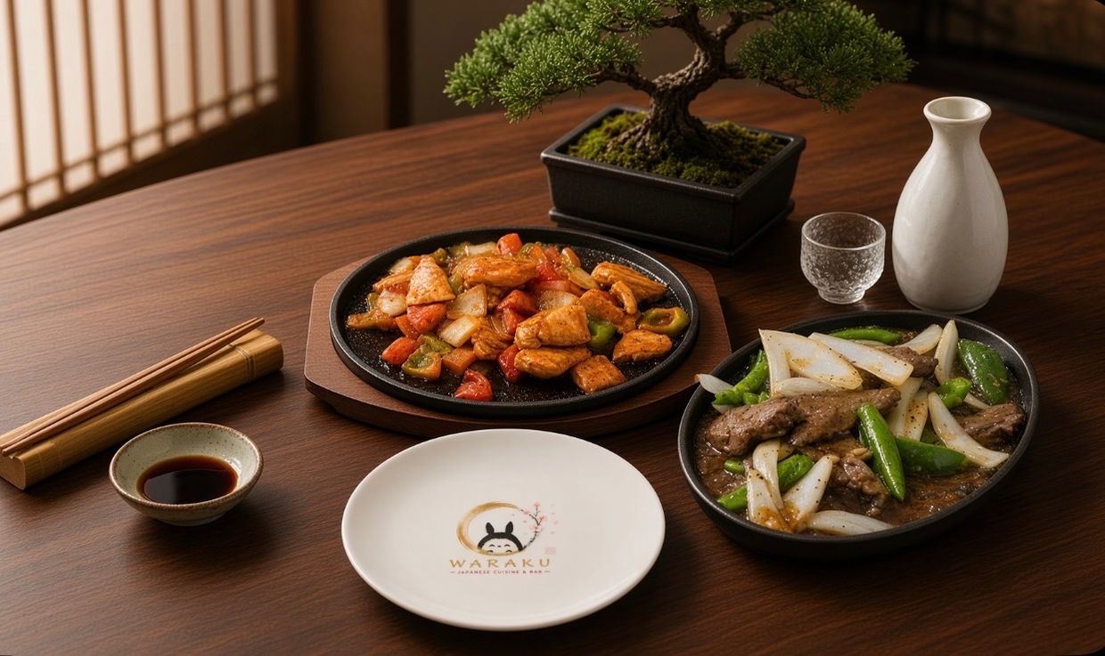 Two sizzling specials platters on a wooden table